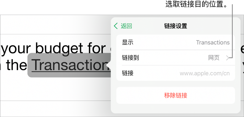 “链接设置”控制，其中包括“显示”、“链接到”（“网页”被选中）和“链接”栏。“移除链接”按钮位于底部。