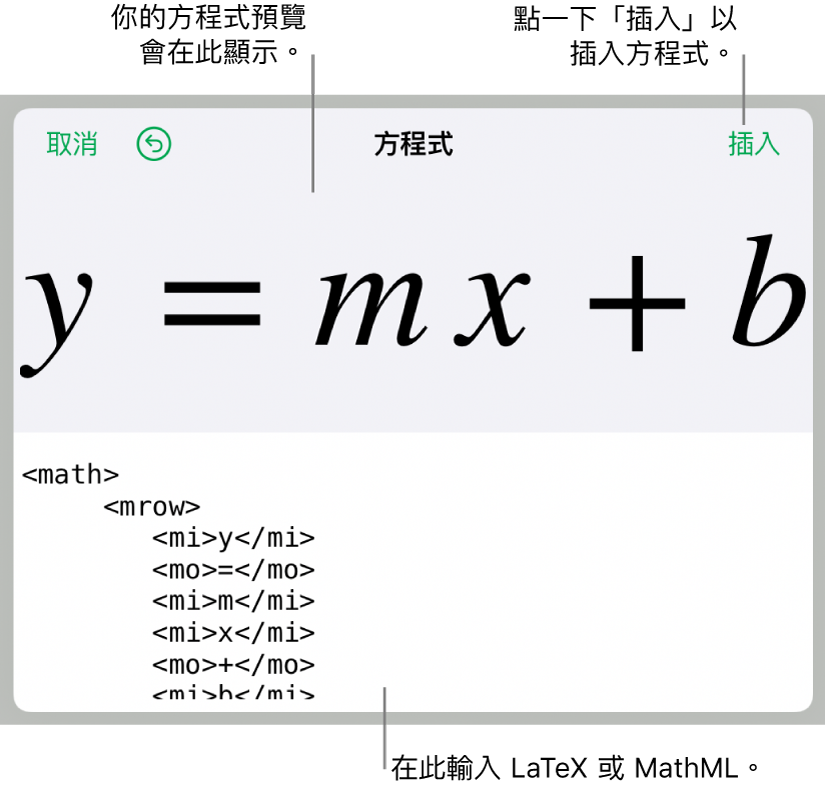 斜率方程式的 MathML 代碼以及上方的公式預覽。