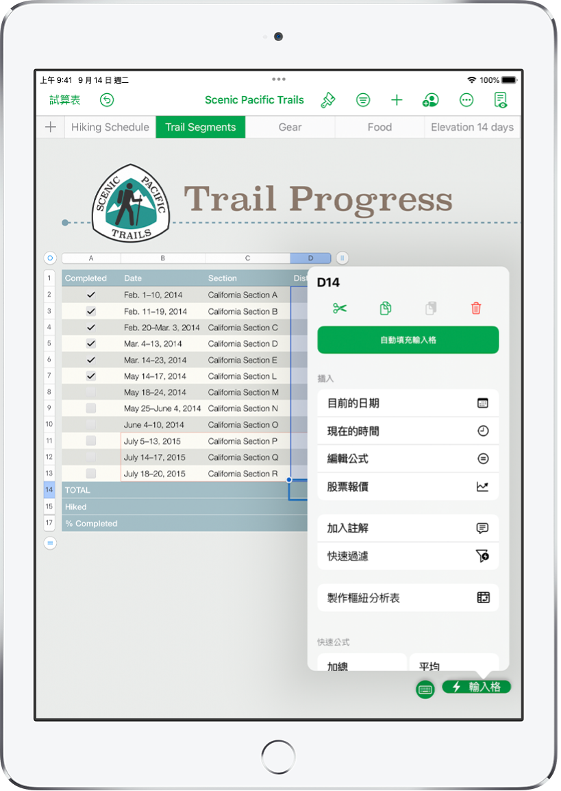 一份試算表中的表格，顯示已行走的步道和每次行走的距離。「輸入格動作」選單已開啟，顯示用於加入公式、日期、註解和過濾條件的選項。