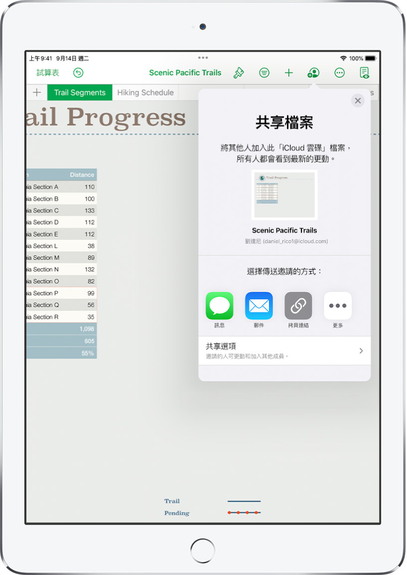 「加入人員」畫面顯示要分享的試算表圖片。下方的按鈕為傳送邀請的方式，包含「郵件」、「拷貝連結」以及「更多」。底部為「分享選項」按鈕。