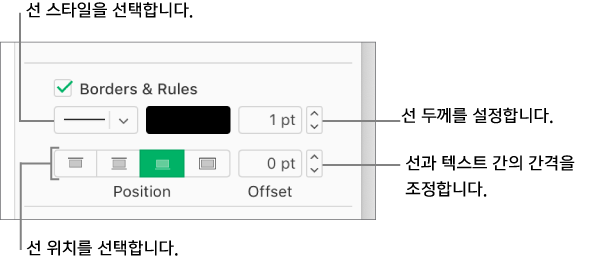 테두리 및 규칙 체크박스가 포맷 사이드바에서 선택되고 선 스타일, 두께, 위치 및 선의 색상을 변경하는 제어기가 체크박스 아래에 표시됩니다.