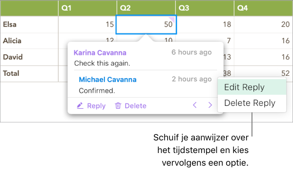 Een opmerking met een reactie en de cursor over het tijdstempel voor de reactie; een venstermenu toont twee opties: 'Bewerk reactie' en 'Verwijder reactie'.