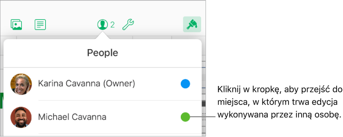 Lista użytkowników z dwoma użytkownikami i kropką w innym kolorze z prawej strony każdej nazwy.