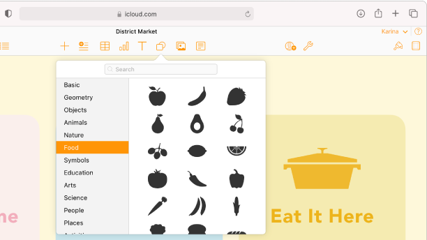 Otwarta biblioteka kształtów z listą kategorii kształtów, które można wybrać. Wybrana jest kategoria Jedzenie, a z prawej strony kategorii wyświetlane są obrazy kształtów jedzenia, z których można wybierać.