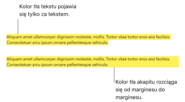 Jeden akapit z żółtym kolorem tylko za tekstem i drugi akapit z żółtym blokiem koloru za akapitem, rozciągającym się od marginesu do marginesu.