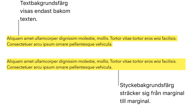 Ett stycke med en gul färg endast bakom texten och ett andra stycke med ett gult färgblock bakom stycket som sträcker sig från marginal till marginal.