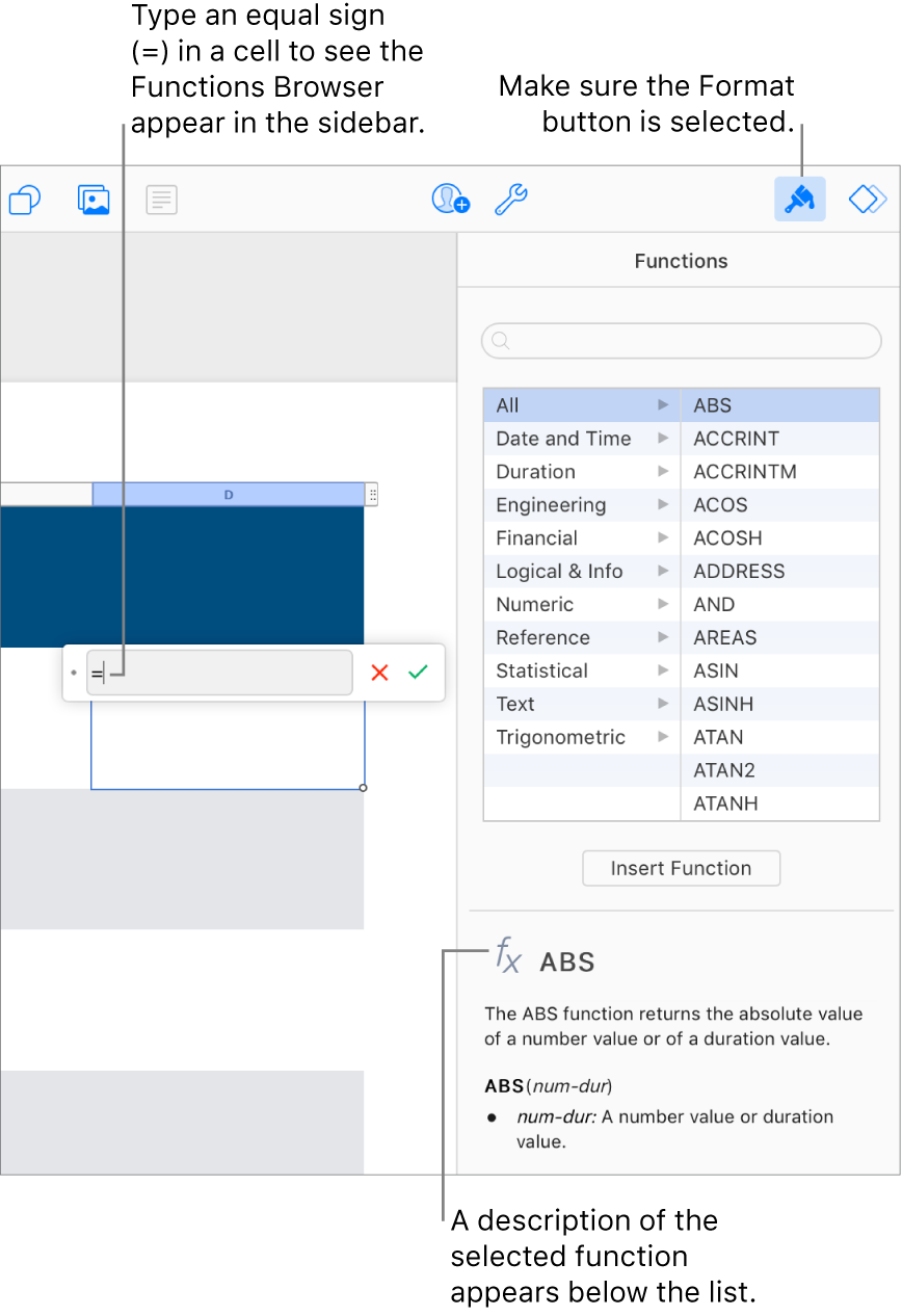 The Formula Editor appears over a cell with an equal sign in it, and the Functions Browser in the Format sidebar shows the available functions. A description of the selected function appears below the functions in the sidebar.