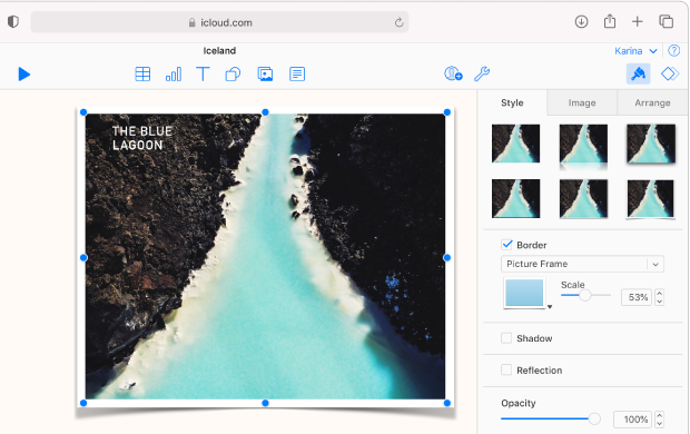 슬라이드에서 선택된 이미지에는 사진 프레임 테두리가 있으며, 포맷 사이드바의 스타일 탭이 열린 상태에서 테두리 메뉴에서 사진 프레임이 선택되어 있습니다.