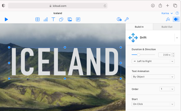 슬라이드에 텍스트 상자가 선택되어 있고, 오른쪽 애니메이션 사이드바 상단에 빌드인이 선택되어 있습니다. 팝업 메뉴에서 드리프트 애니메이션이 선택되어 있고, 애니메이션을 사용자화하는 옵션이 사이드바에서 그 아래에 표시됩니다.