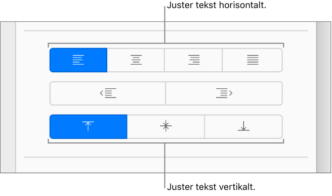 Knappene for horisontal og vertikal tekstjustering i Format-sidepanelet.