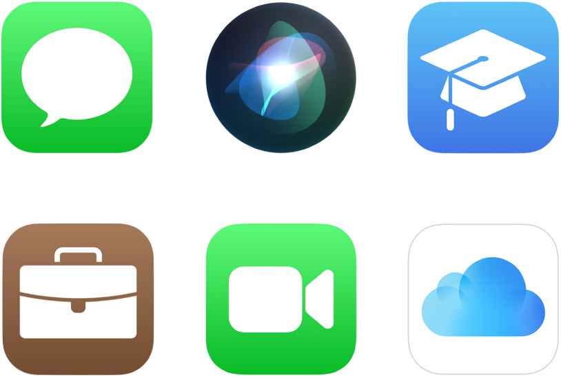 أيقونات لست خدمات من Apple: Apple School Manager و Siri و iMessage و iCloud و FaceTime و Apple Business Manager.