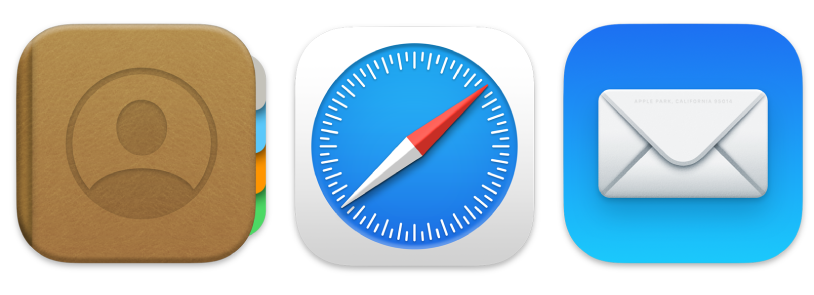 أيقونات لثلاثة من التطبيقات التي تقدمها Apple: البريد و Safari وجهات الاتصال.