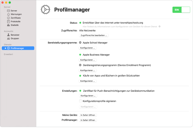 Der Profilmanager wird mithilfe der App „Server“ gestartet und über die Webschnittstelle des Profilmanagers konfiguriert.