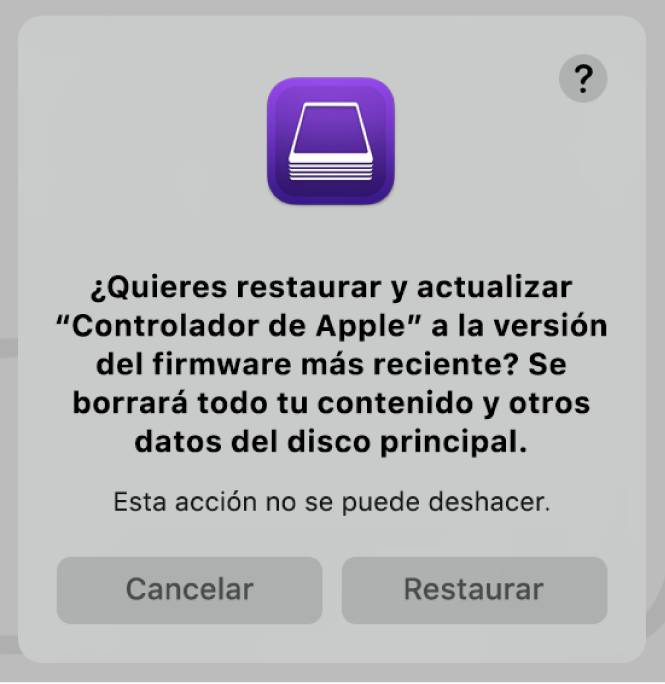 El mensaje de alerta que se muestra a los usuarios cuando un ordenador de Apple está a punto de ser restaurado en Apple Configurator 2.