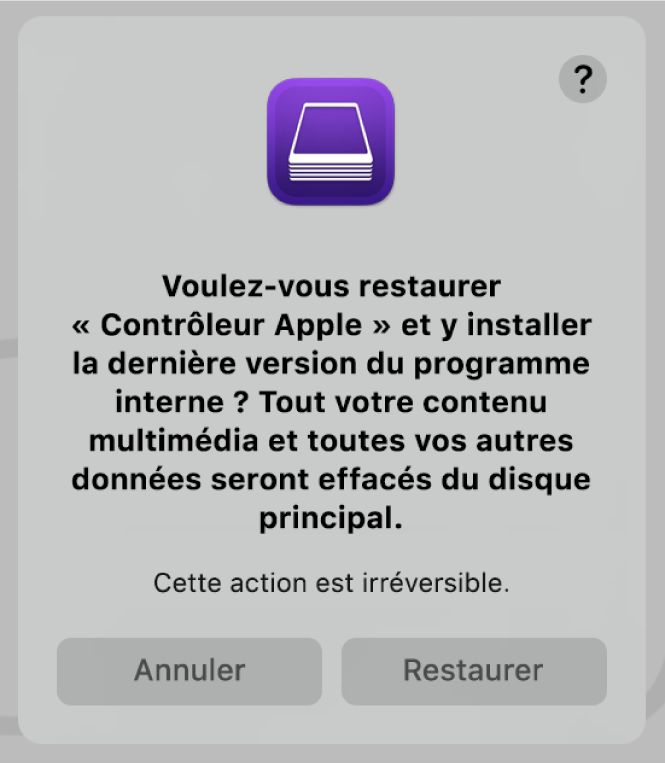 L’alerte qui apparaît aux utilisateurs lorsqu’un ordinateur Apple est sur le point d’être restauré dans Apple Configurator 2.