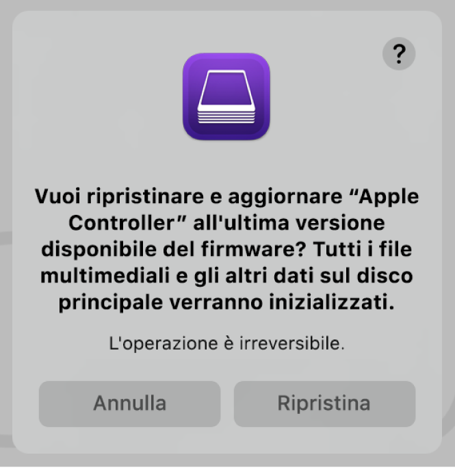 L'avviso che viene mostrato agli utenti quando un computer Apple sta per essere ripristinato in Apple Configurator 2.