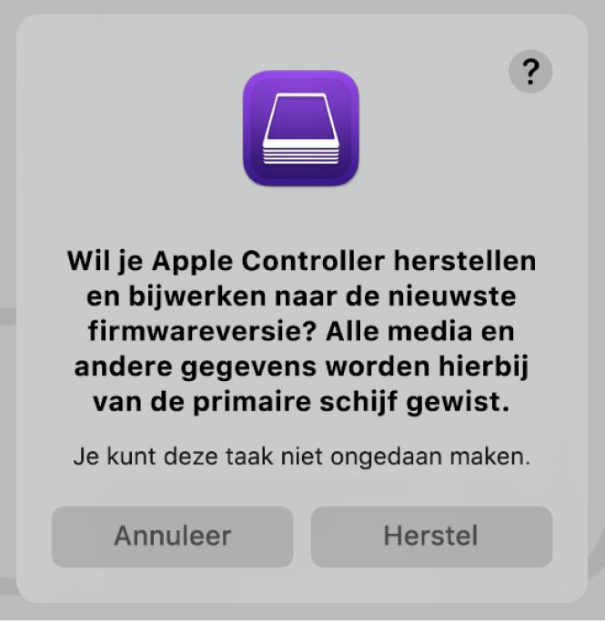 De waarschuwing die gebruikers zien wanneer een Apple computer op het punt staat om te worden hersteld in Apple Configurator 2.
