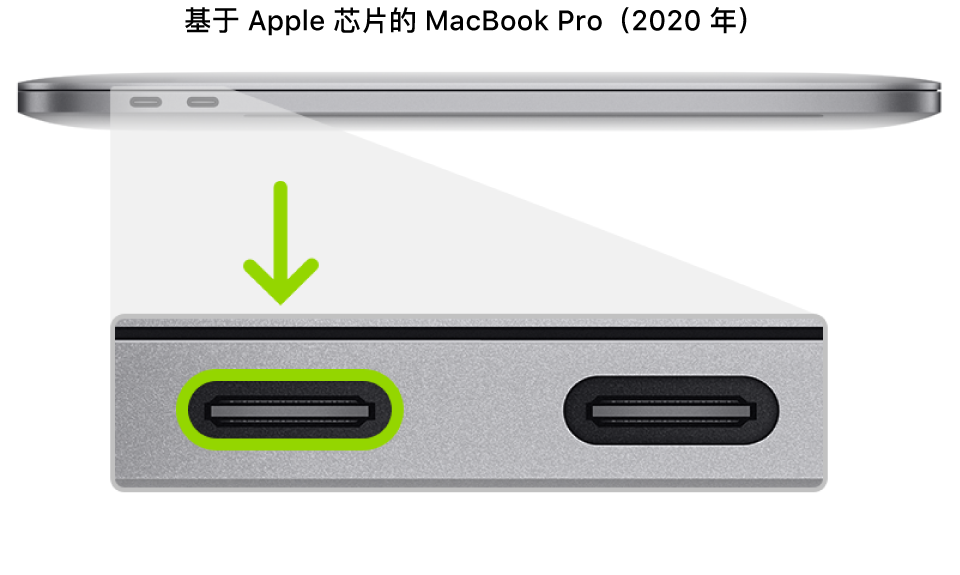 搭载 Apple 芯片的 MacBook Pro 的左侧，显示靠后的两个雷雳 3 (USB-C) 端口，其中标出了最左侧的端口。