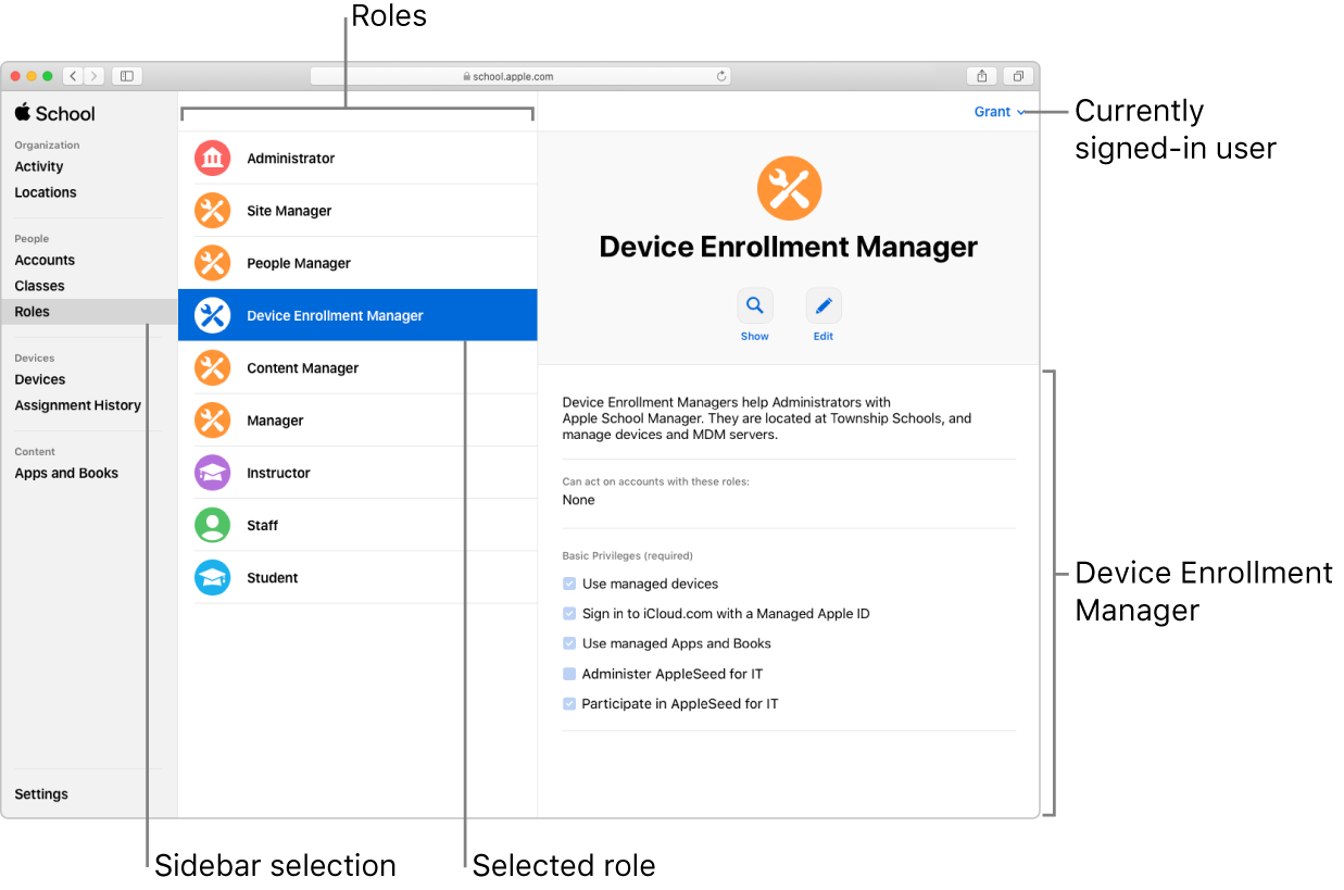 The Roles window in Apple School Manager. A selected role opens to a description of that role’s privileges for the user who’s signed in.