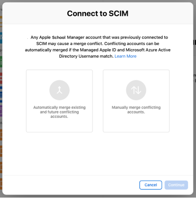 The Apple School Manager “Connect to SCIM” window showing the two options for merging accounts.