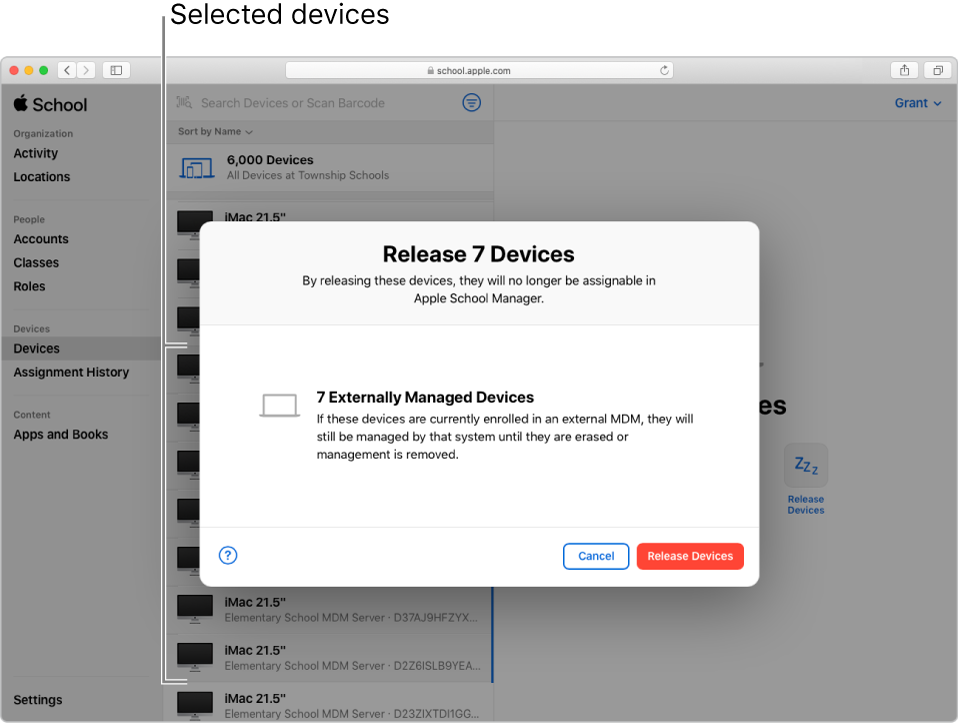 A dialog that manages releasing devices from Apple School Manager.