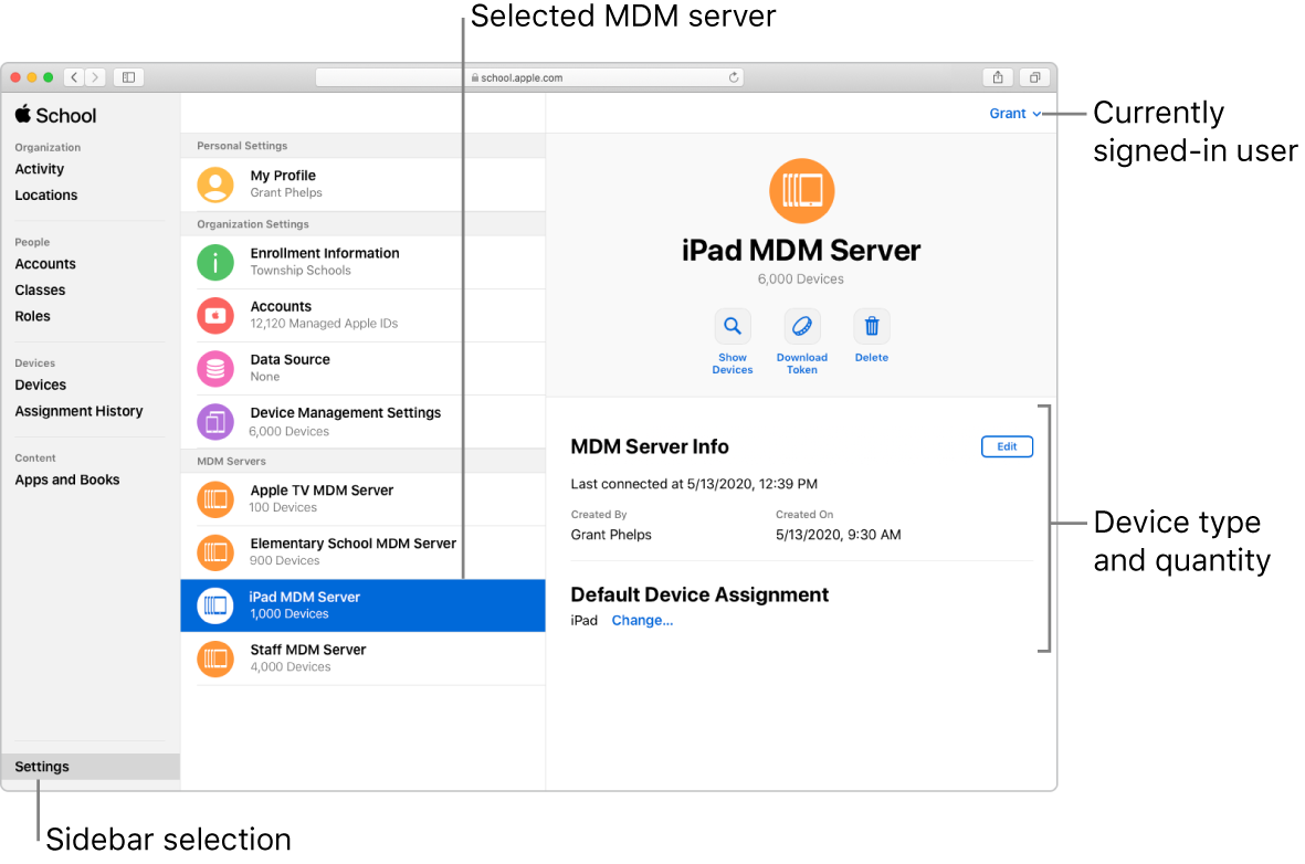 Fenêtre Apple School Manager avec Réglages sélectionné dans la barre latérale. Sélectionner un serveur permet d’afficher des informations à son sujet.