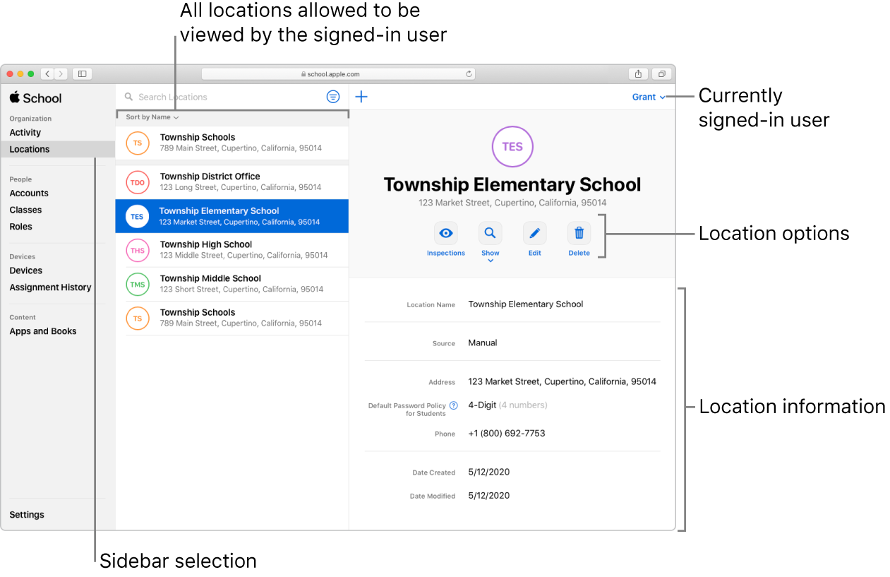 Apple School Manager 位置視窗,顯示選擇機構的位置選項和位置資料。