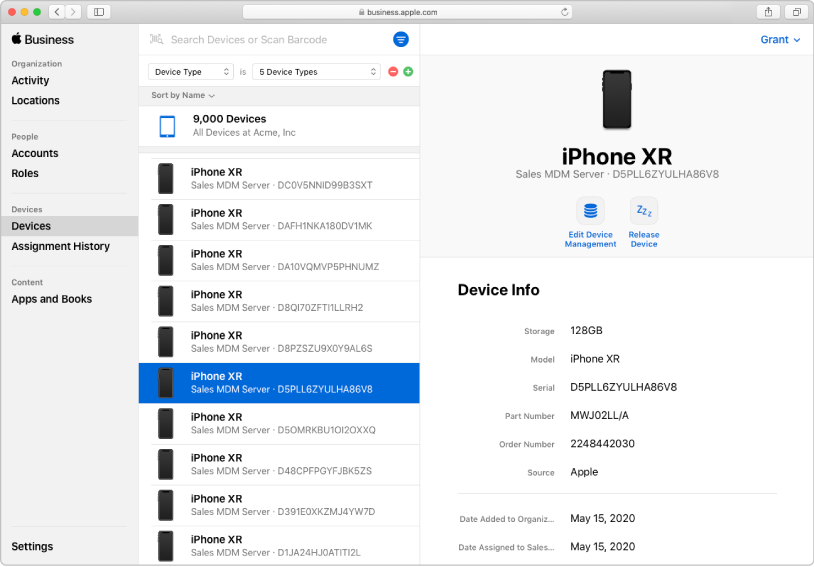 The Apple Business Manager mobile device management (MDM) server showing devices and their assignments.