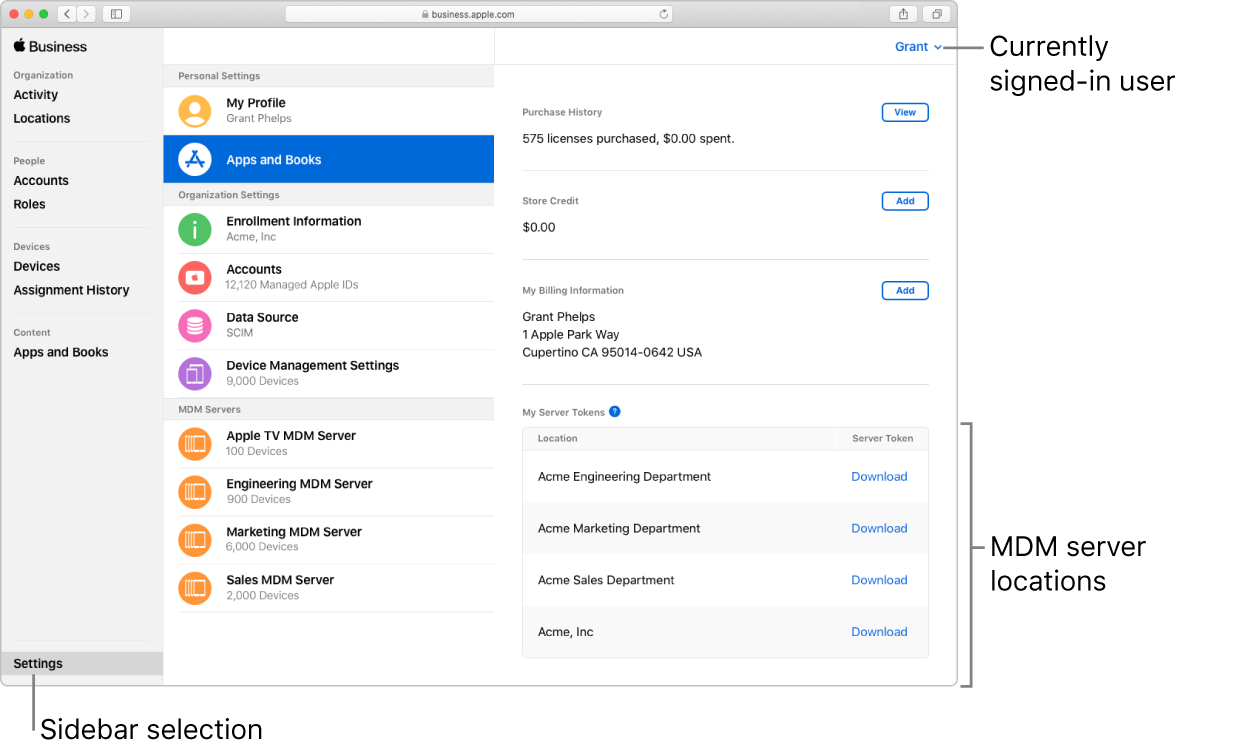 The Apple Business Manager window with Settings selected in the sidebar. The Apps and Books selection opens to a pane for viewing and downloading.
