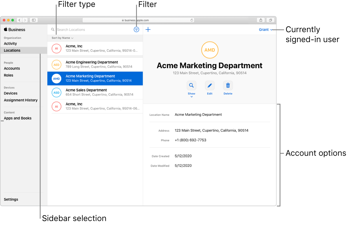The Apple Business Manager main window.
