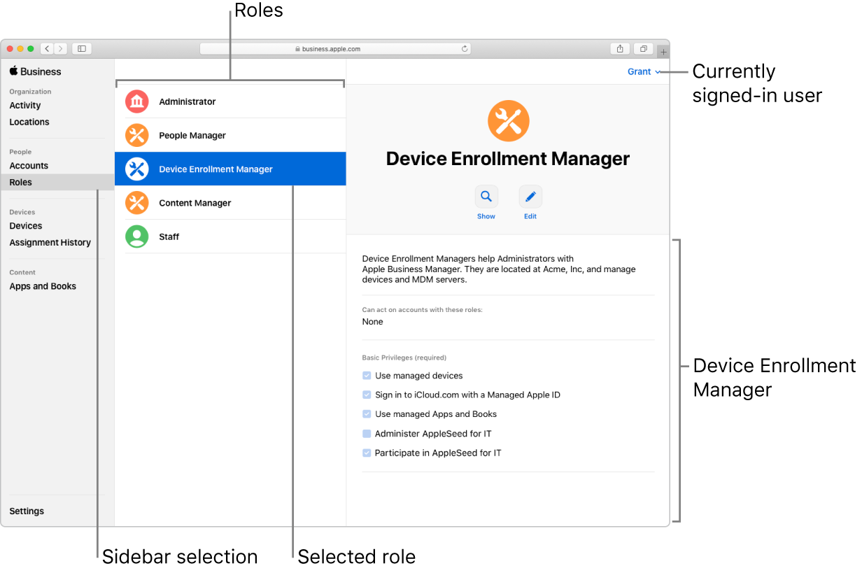 The Roles window in Apple Business Manager. A selected role opens to a description of that role’s privileges for the user who’s signed in.