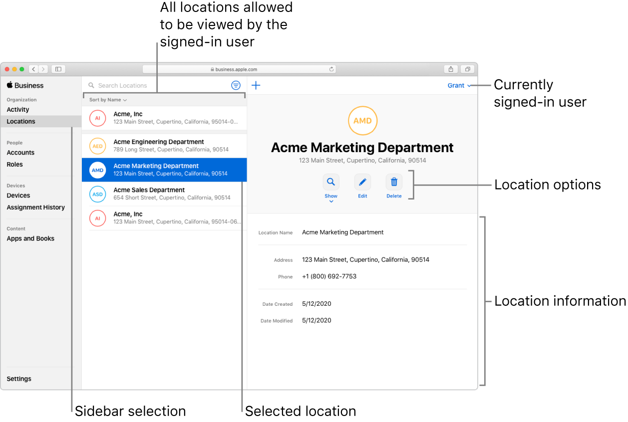 Het venster 'Locaties' in Apple Business Manager met locatiemogelijkheden en locatiegegevens voor een geselecteerde organisatie.