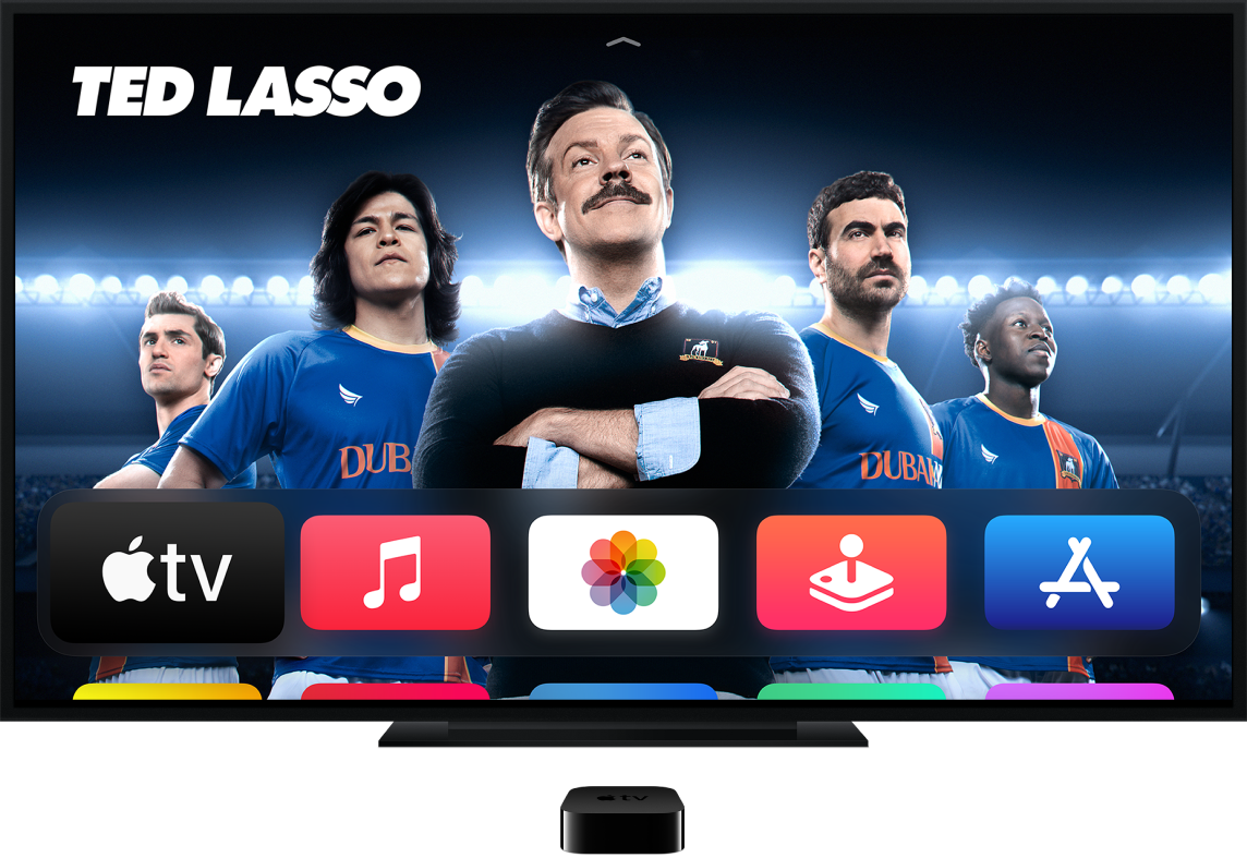 L’Apple TV connectée à un téléviseur sur lequel l’écran d’accueil est affiché