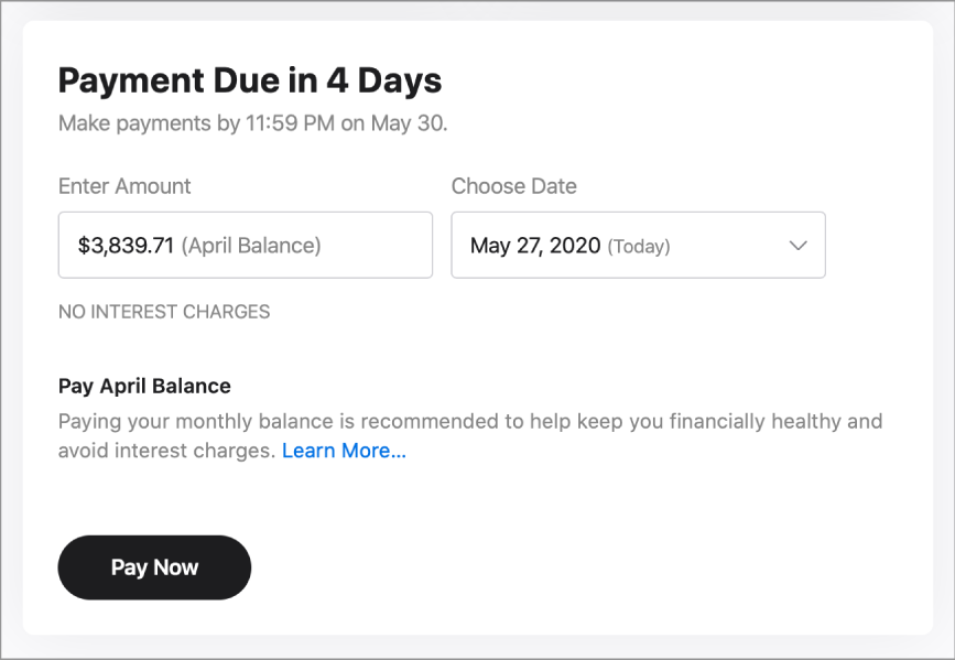 The one-time payment section. The amount listed is the April Balance, and today’s date is selected.