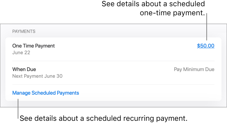 The Payments section on the Settings page. Two scheduled payments are listed: a one-time payment of $50, and a monthly recurring payment of the minimum balance.