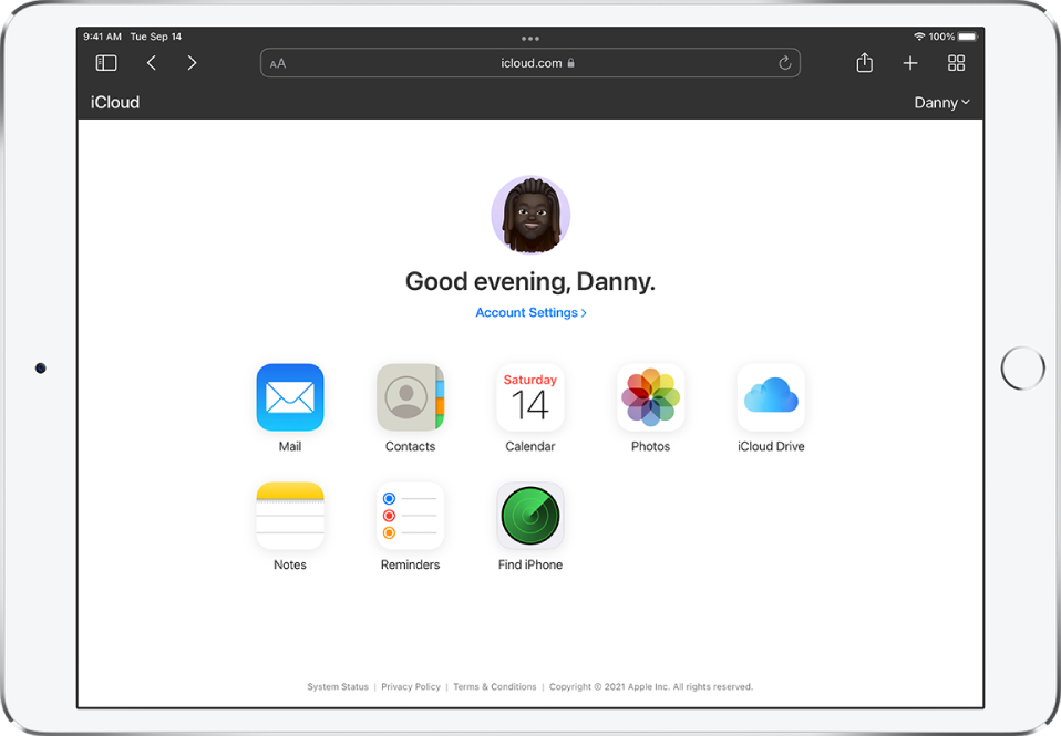 The iCloud.com homepage on an iPad.