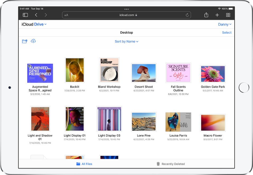 iCloud Drive is open on iCloud.com on an iPad, and contains a folder called Desktop, which includes photos and presentations.