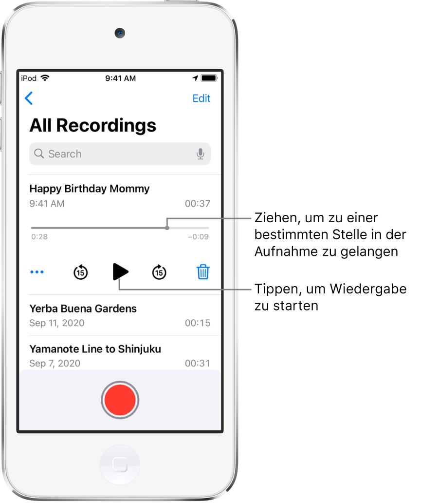 Der Bildschirm der App „Sprachmemos“ mit der Liste der Aufnahmen und der ausgewählten Aufnahme oben. Auf der Zeitleiste der Aufnahme sind die Abspielposition und links und rechts die Zeitangaben für Beginn und Ende der Aufnahme zu sehen. Unter der Zeitleiste sind die Taste „Mehr“ zum Bearbeiten, Duplizieren oder Teilen einer Aufnahme, die Tasten zum Zurückspringen und zum Vorspringen um jeweils 15 Sekunden und die Taste „Löschen“ zu sehen. Ganz unten ist die Liste der weiteren Aufnahmen zu sehen, die durch Tippen geöffnet werden können.