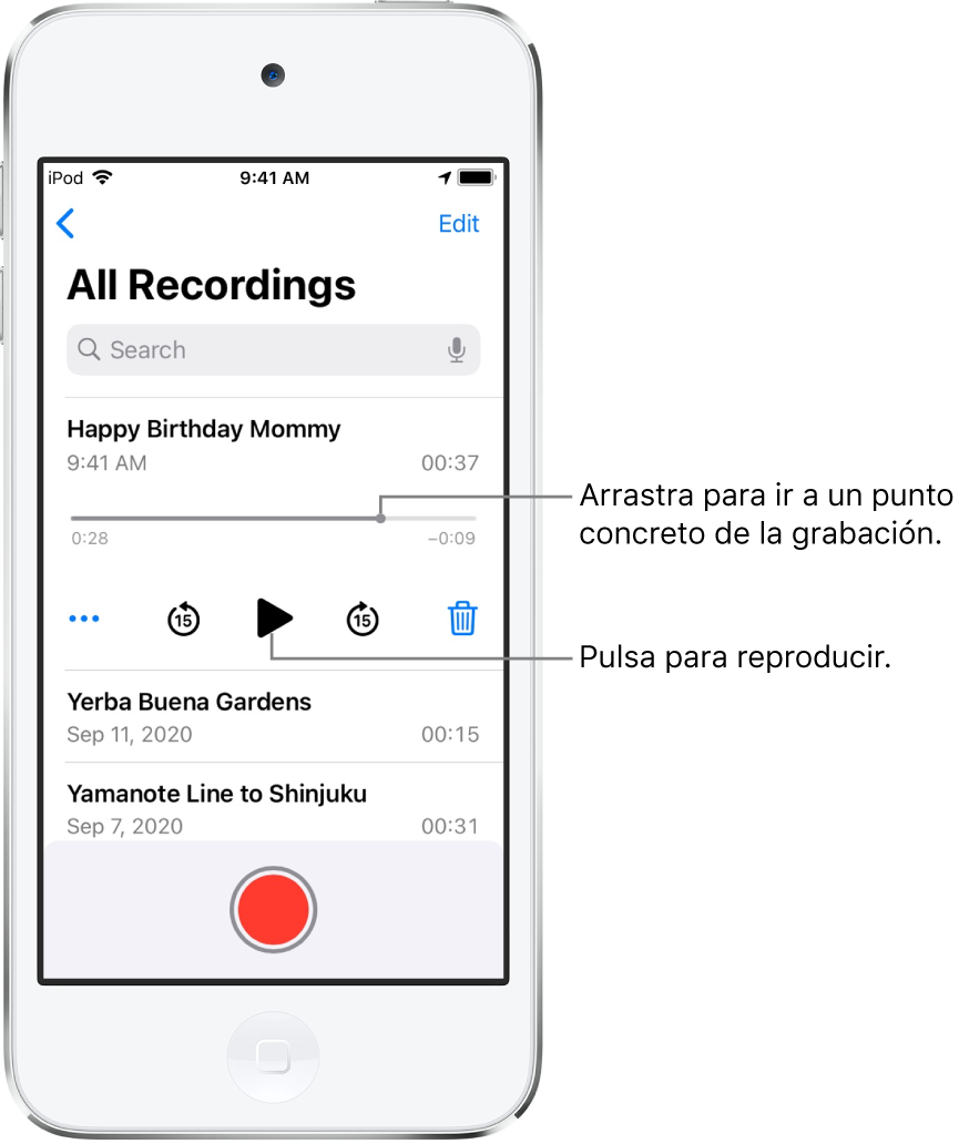 Pantalla de lista de Notas de Voz con una grabación seleccionada arriba. La línea de tiempo de la grabación tiene un cursor de reproducción, y tiempos de inicio y fin en los extremos. Debajo de la línea de tiempo se encuentra el botón Más (que puedes pulsar para editar, duplicar o compartir una grabación), el botón de retroceder 15 segundos, el botón de reproducción, el botón de avanzar 15 segundos y el botón de eliminación. Debajo de estos controles hay una lista de grabaciones que se pueden abrir con una pulsación.
