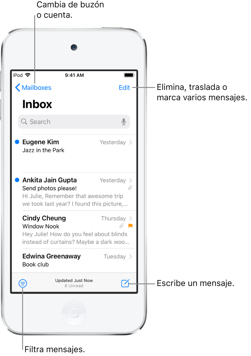 Bandeja de entrada con una lista de correos electrónicos. El botón Buzones para cambiar de buzón se encuentra en la esquina superior izquierda. El botón Editar para eliminar, mover o marcar mensajes de correo electrónico se encuentra en la esquina superior derecha. El botón para filtrar los correos electrónicos de forma que solo se muestren determinados mensajes se encuentra en la esquina inferior izquierda. El botón para redactar un mensaje de correo electrónico nuevo se encuentra en la esquina inferior derecha.