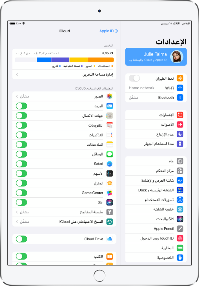 شاشة إعدادات iCloud ويظهر بها مقياس مساحة تخزين iCloud وقائمة من التطبيقات والميزات، مثل البريد وجهات الاتصال والرسائل، والتي يمكن استخدامها مع iCloud.