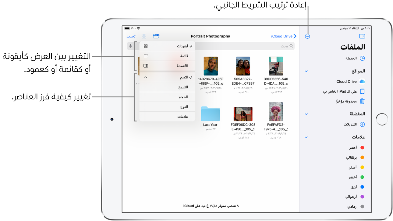 موقع iCloud Drive يظهر به أزرار لإعادة ترتيب الشريط الجانبي، والفرز حسب الاسم والتاريخ والحجم والعلامات، والتغيير بين عرض القائمة وعرض الأيقونات.