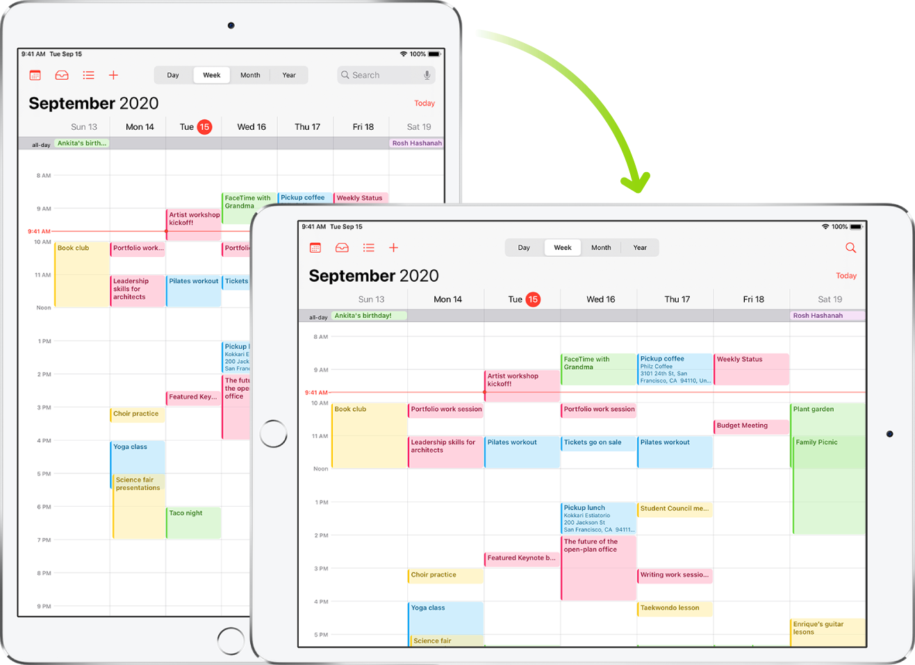 Отзад, iPad показва екрана на Calendar (Календар) във вертикална ориентация; а отпред iPad е завъртян и показва екрана на Calendar (Календар) в хоризонтална ориентация.