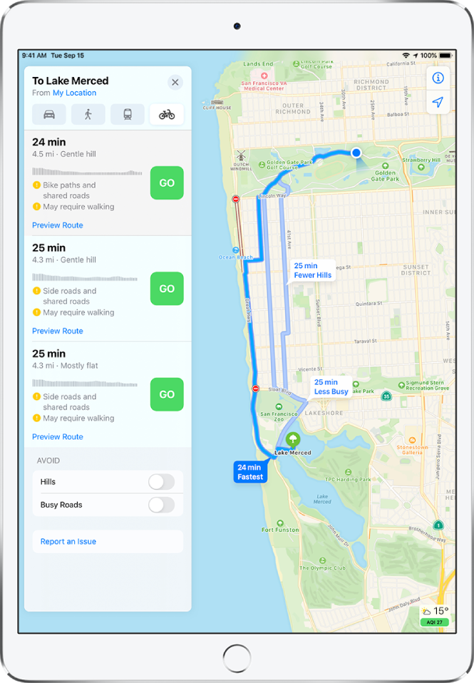 Карта, показваща няколко велосипедни маршрута. Информацията вляво предоставя детайли за всеки маршрут, включително очаквано време на пристигане, промяна на наклоните и типа на пътищата. Бутон Go (Тръгни) се появява до всеки избор на маршрут.