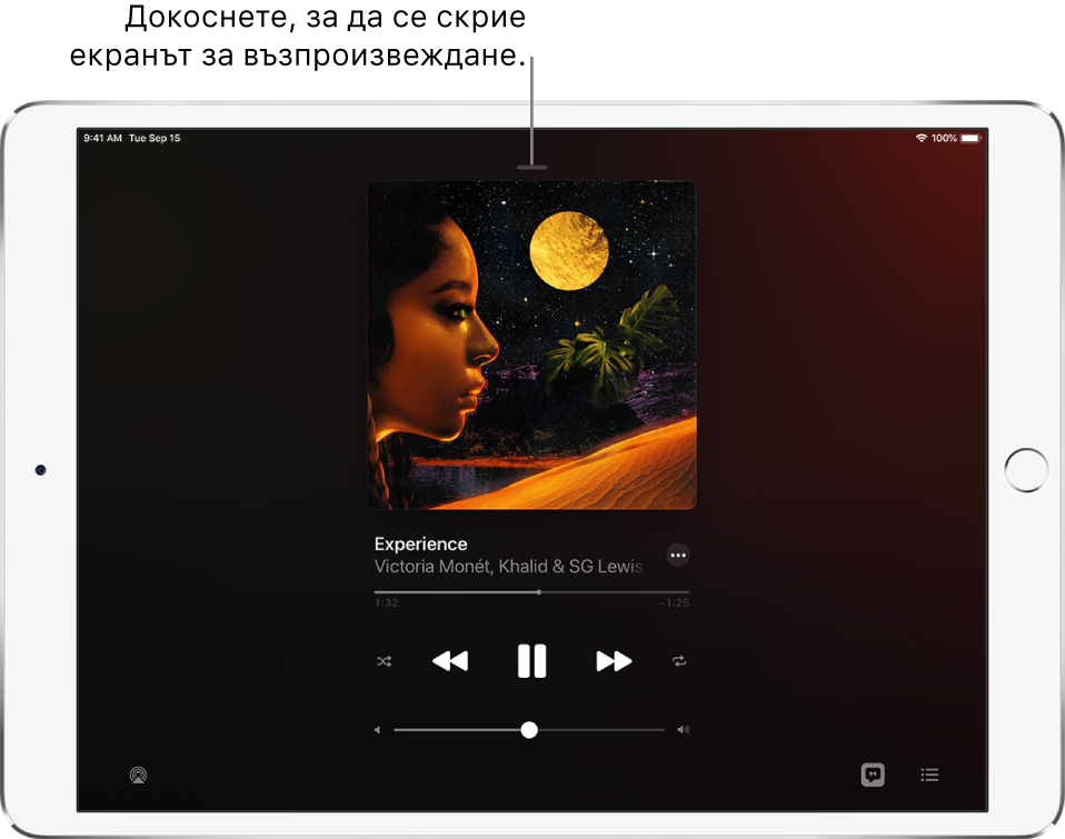 Екранът Now Playing (Сега се изпълнява), показващ корицата на албума. Отдолу са заглавието на песента, името на изпълнителя, бутоните за управление на възпроизвеждането, плъзгачът Volume (Сила на звука), бутоните Lyrics (Текст), Playback Destination (Пренасочване на възпроизвеждането) и Queue (Опашка). Бутонът Hide Now Playing (Скрий Сега се изпълнява) се намира горе.