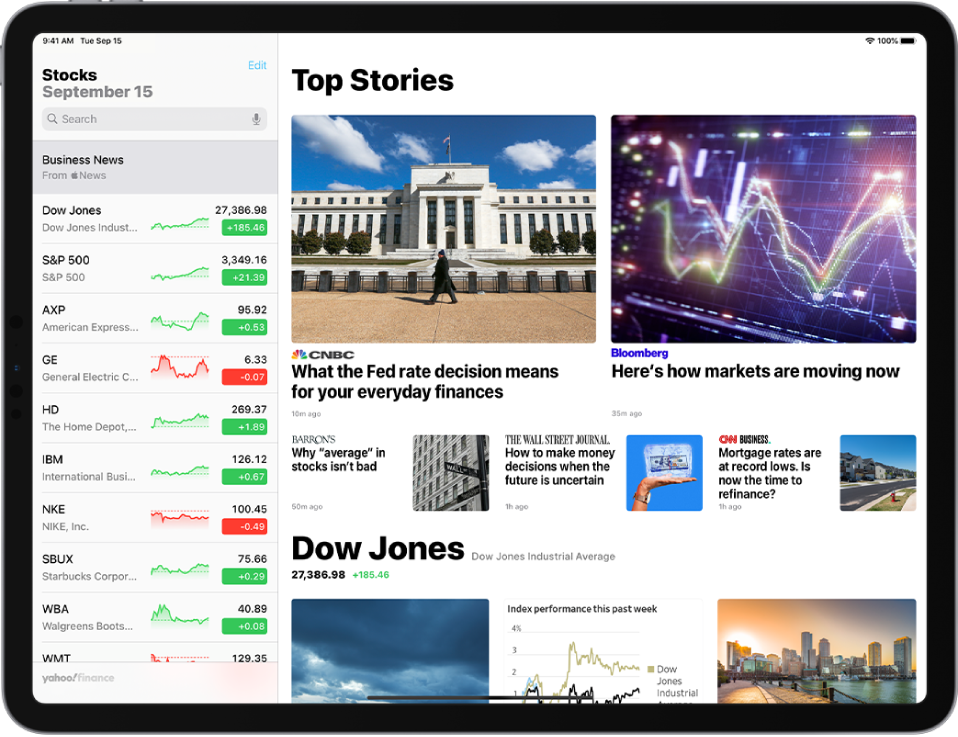 Екранът на Stocks (Акции) в хоризонтална ориентация. Полето за търсене е в горния ляв ъгъл. Под полето за търсене е списъкът за следене. Top Stories (Най-добри статии), свързани с акции от списъка за следене, запълват останалата част на екрана.