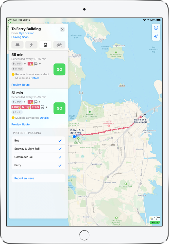 Карта, показваща маршрут с обществен транспорт в Сан Франциско. Картичка с маршрута вляво показва бутони Go (Тръгни) за два варианта на маршрута.