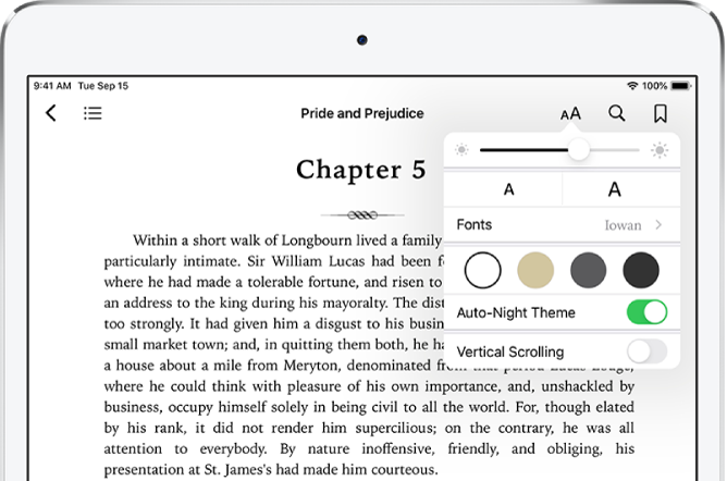 Избрано е менюто за изглед на книга, показващо отгоре надолу бутони за управление на яркост, размер на шрифта, шрифт, цвят на страницата, автоматичен режим нощ и прелистване.