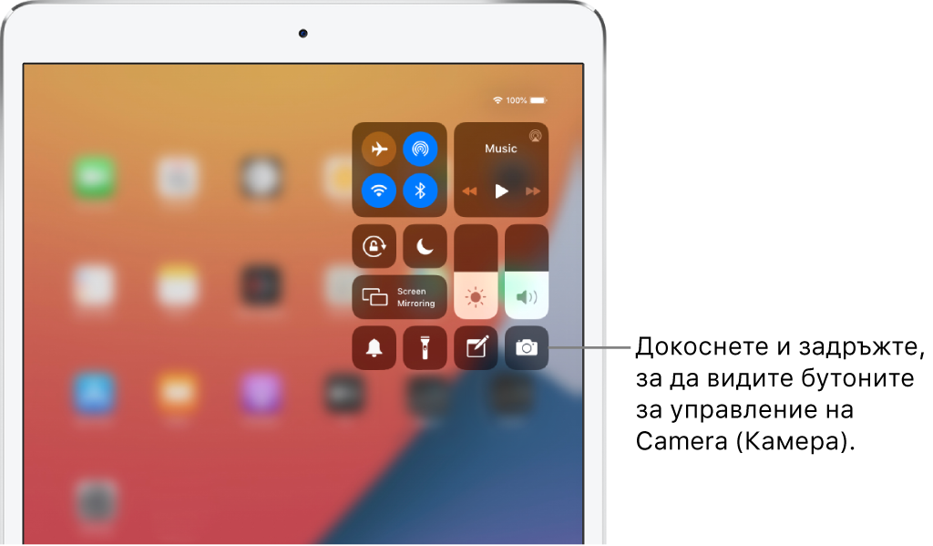 Бутоните за управление на режим полет, мобилни данни, Wi-Fi и Bluetooth са в горната лява група в Контролния център на iPad модели Wi-Fi + Cellular. Надпис на бутона за управление на камерата гласи: Докоснете и задръжте иконката на камерата (горе вдясно), за да видите повече опции на камерата.