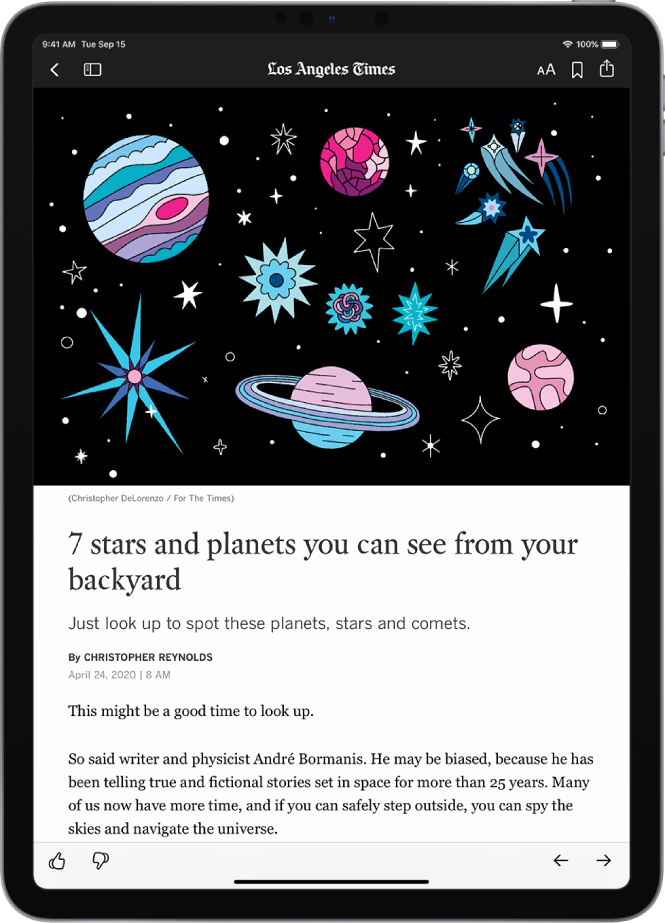 Статия в News (Новини). Горе вляво са бутоните Previous (Предишна) и Sidebar (Странична лента). Името на публикацията се появява горе в средата. Горе вдясно са бутоните Text Size (Размер на текста), Save (Запис) и Share (Споделяне). Горната половина на екрана е заета от голямо изображение. Под изображението са заглавието на статията, подзаглавие, датата на статията и първите два параграфа от статията. Долу вляво са бутоните Suggest More (Предлагай повече) и Suggest Less (Предлагай по-малко). Долу вдясно са бутоните Previous (Предишна) и Next (Следваща).